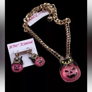 BETSEY JOHNSON SET Glittering Black Cat in Pink Pumpkin Earrings & Necklace NWT